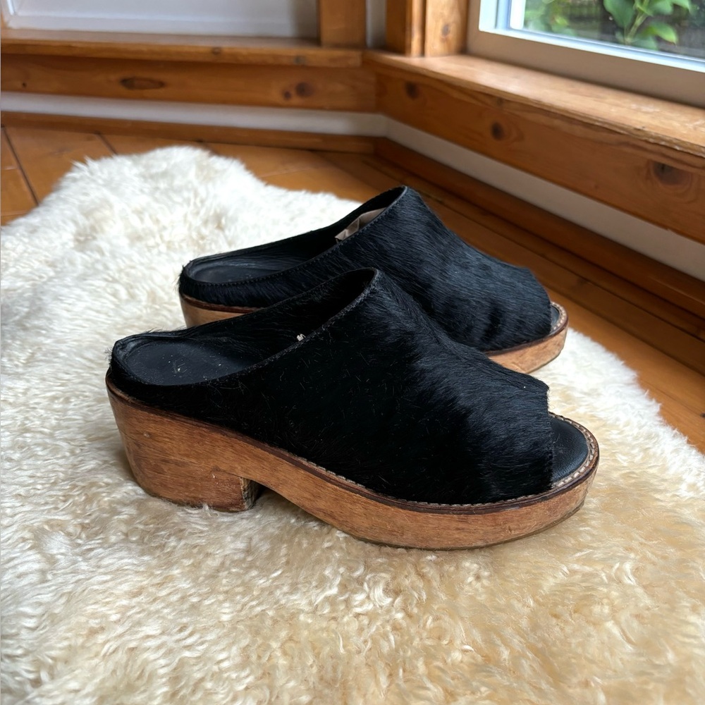 Black Slide Mules with Wood Platform Clog